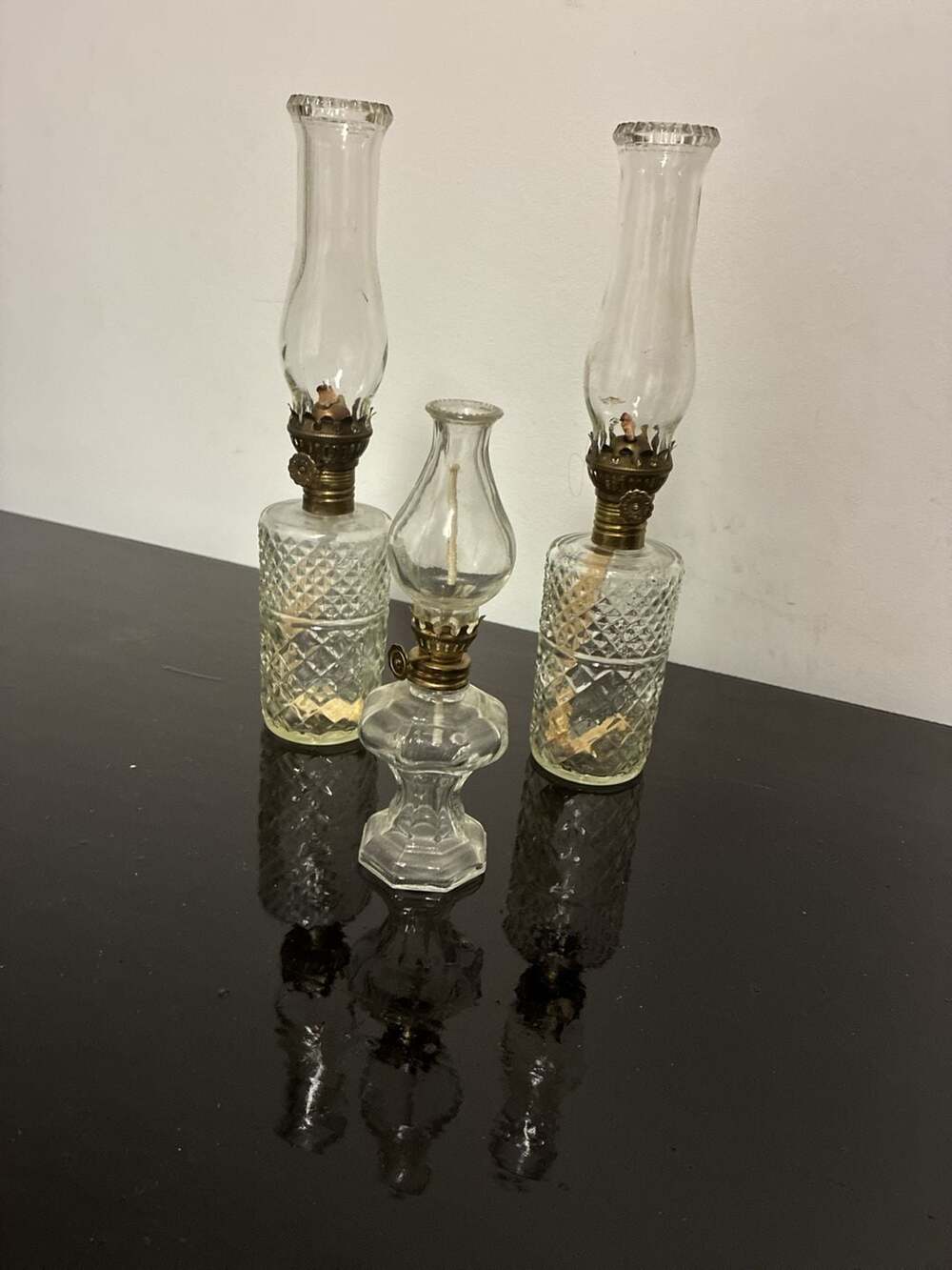 Lot of 3 Vintage Miniature Clear Pressed Glass Oil Lamps with Hurricane Chimneys